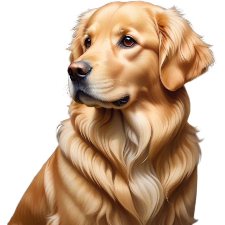 Cinematic Noble Golden Retriever Portrait Emoji, Poised and regal, with a strong, athletic build and a lustrous, well-groomed golden coat, deep-set soulful brown eyes, Simplified yet sharp and sophisticated features, highly detailed, glowing with a soft, dignified glow, high shine, intelligent and friendly, stylized with an air of warmth, focused and attentive, soft glowing outline, capturing the essence of a watchful and confident companion, so majestic it feels as though it could bound out of the screen with effortless authority! emoji