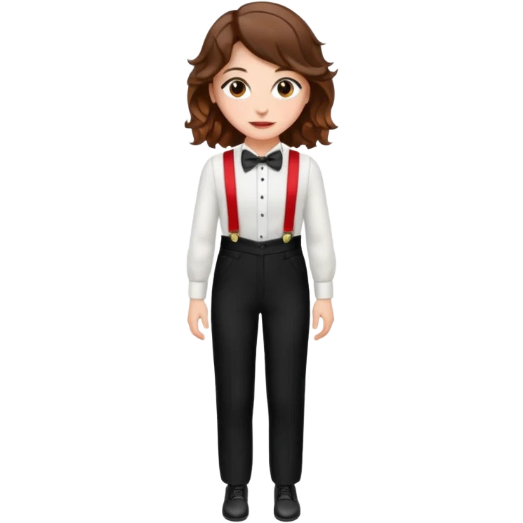 Woman with wavy brown hair and hazel eyes wearing black tuxedo pants with red suspenders emoji