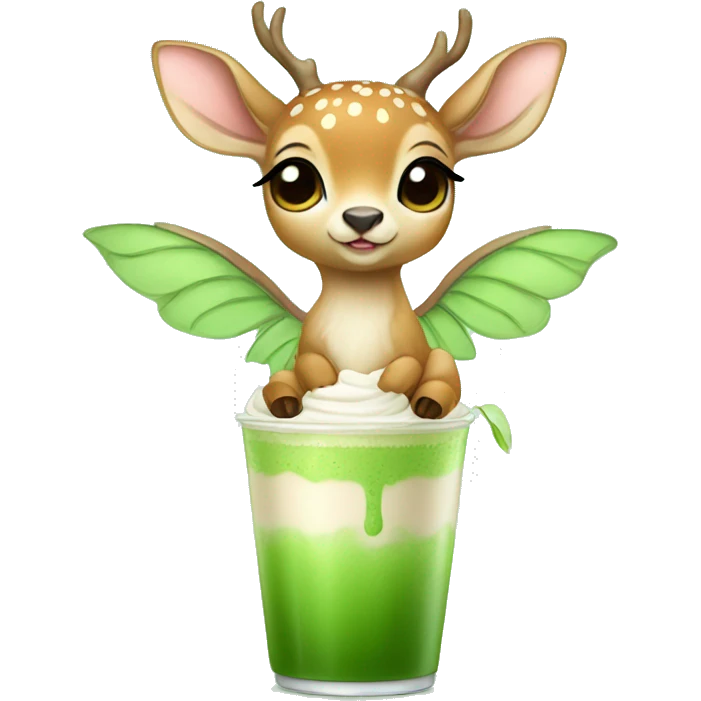 baby deer with fairy wings drinking iced matcha latte  emoji