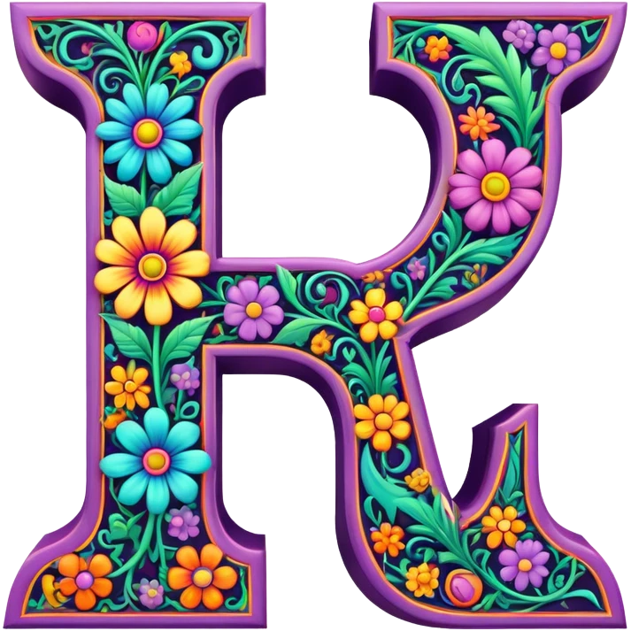 3D, gothic style psychedelic colored capital Letter “J” with hippie style flower border emoji