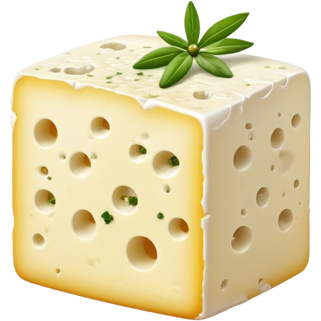 Cinematic Realistic Feta Cheese Dish Emoji, depicted as a block of crumbly, tangy cheese garnished with olive oil and herbs rendered with lifelike detail and soft natural lighting. emoji
