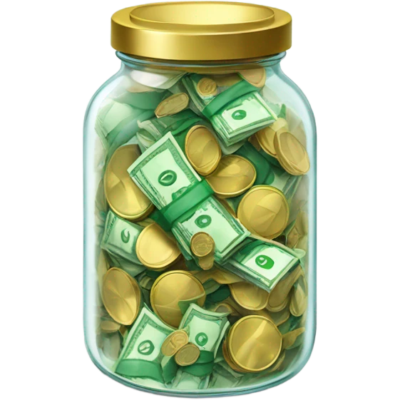  A transparent jar filled with green banknotes and gold coins, floating against a dark background. The jar has a lid, with the contents clearly visible inside. emoji style  emoji