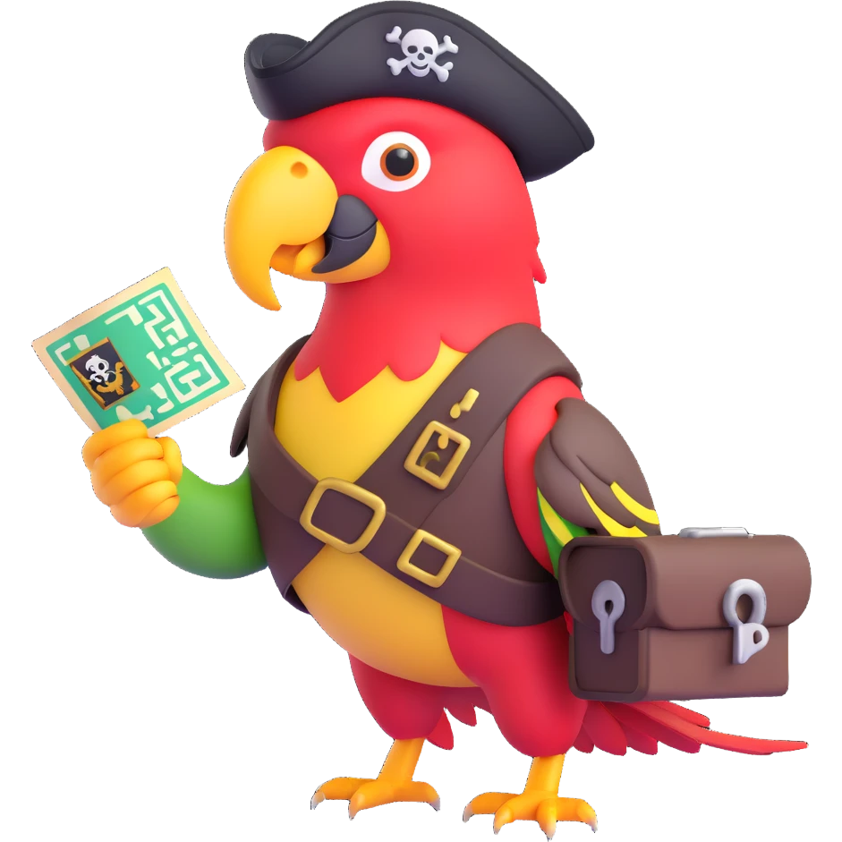 parrot with a pirate patch holding a treasure map with a QR code emoji