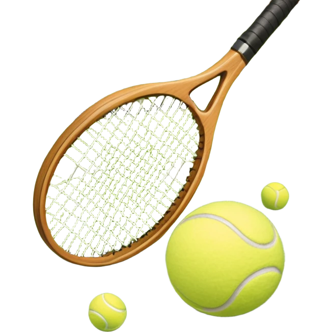 A tennis racket and ball positioned on a grass court, with the net and lines clearly visible in the background. The scene emphasizes the classic elements of the sport, capturing the energy and precision of a tennis match. emoji