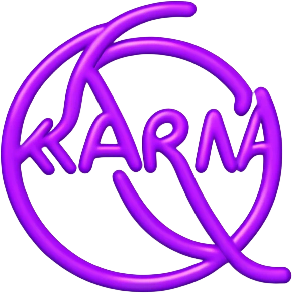 Violet neon sign with the word karma emoji