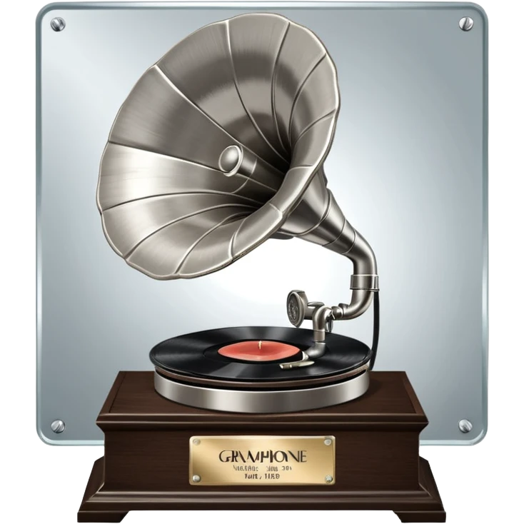 A platinum music award plaque: a square, polished platinum plate with a subtly textured, mirror-like finish, mounted on a simple dark wood base. The center features a relief of a vintage gramophone or stylized vinyl record in a slightly darker metallic tone.  emoji