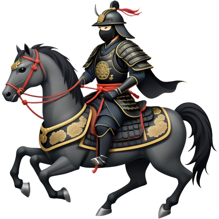 clash-of-clans-aesthetic_-cinematic-fearsome-and-majestic-samurai-bust-portrait-emoji, rendered in a flat, vector-style with minimal shading and bold, simplified shapes typical of emoji art, depicting a battle-hardened samurai with black mask and traditional black Japanese armor. The samurai is riding a noble grey warhorse adorned with an intricately designed saddle and fluttering banners and a rising sun. a samurai on a   horse emoji