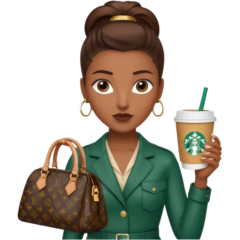 A girl with brown skin and a slick back hair and a luois vittion purse and Starbucks in hand emoji
