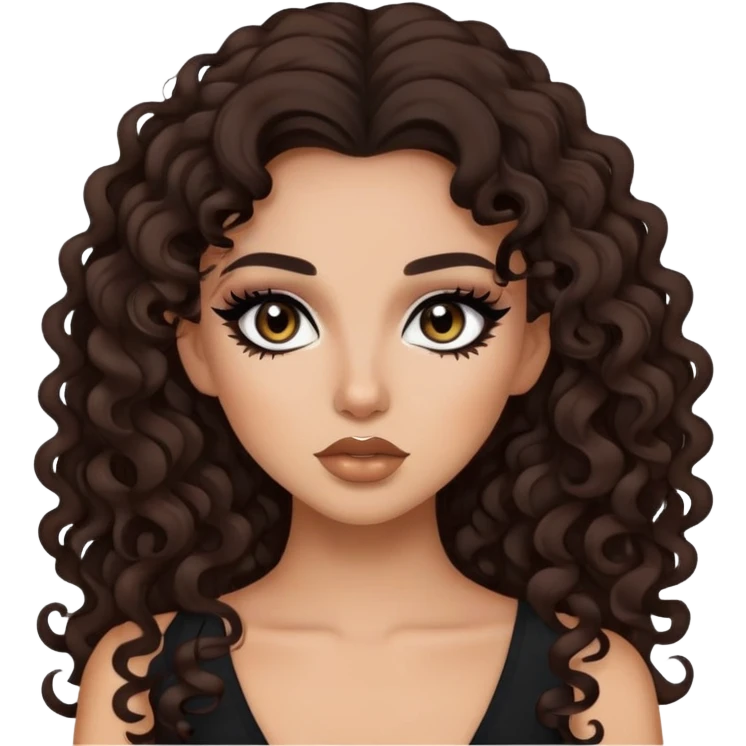 brunette, baddie, pretty makeup, black eyeliner, long and curly hair emoji