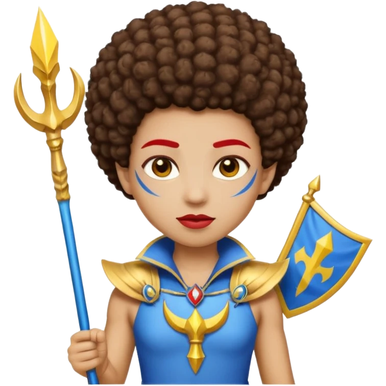 Emoji metisse femboy mais plus masculin avec drapeau ukrainien arriere plan, un afro, sourcils rouge, fourche trident, et eclairs et sur fond bleu clair irrisé. Peau lightskin, yeux marron et cheveux marron bouclés mais en mode afro pixi cut emoji