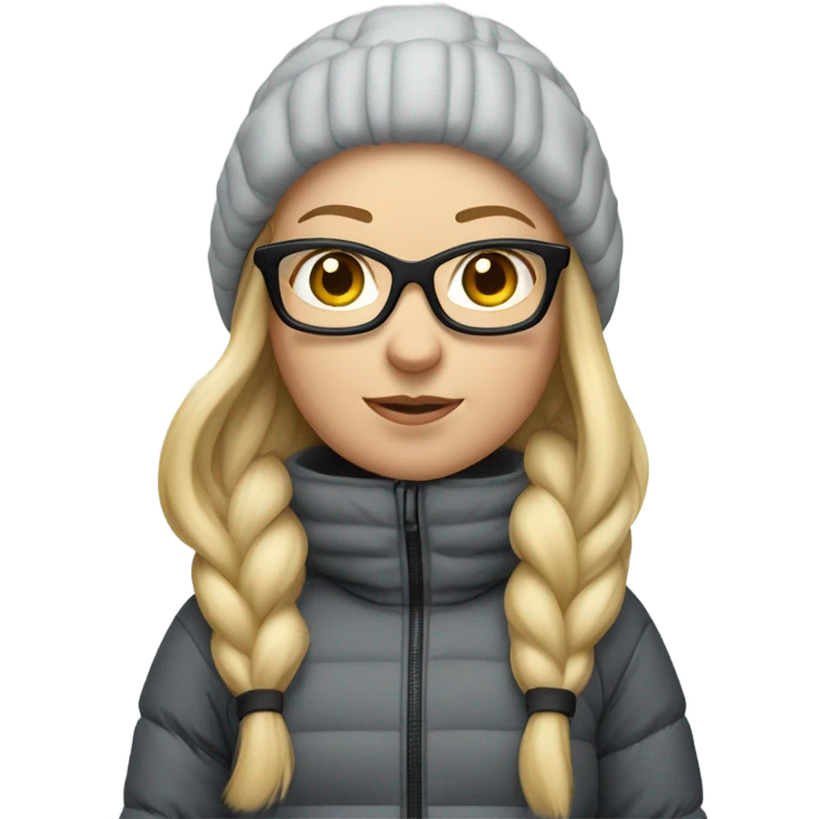 slightly chubby full body female skier with long straight blonde hair, glasses, grey snow jacket, black pants and black skis. no poles emoji