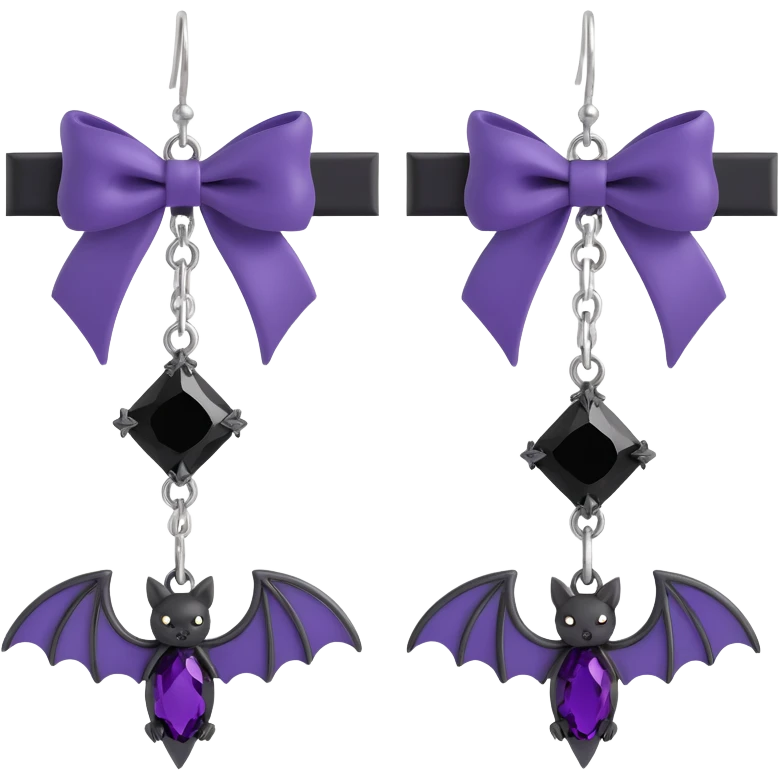 gothic earrings with deep purple satin bows, silver bat charms, black gemstone accents, luxurious and gothic, matching the choker emoji