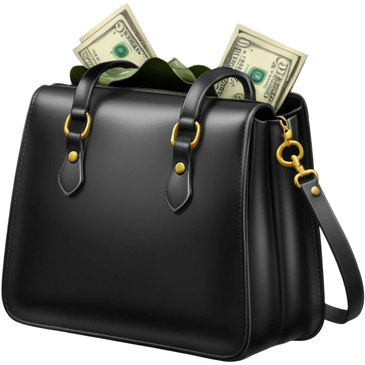 Create a black leather bag with a stack of cash inside in authentic Apple emoji style. emoji