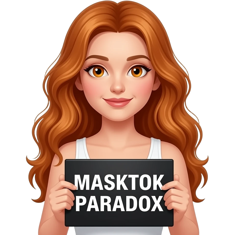 sexy girl with long wavy ginger hair and ginger eyes wearing a white tanktop is holding a black colored sign with MASKTOK PARADOX written on it emoji