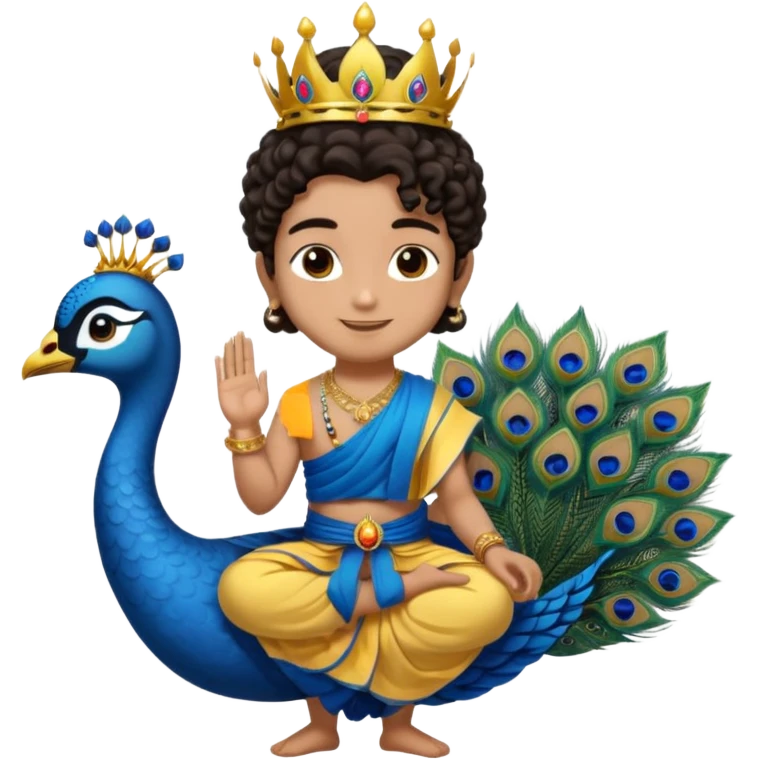 Create a Jesus, Krishna, and Buddha standing together. Krishna: bright blue skin, black curly hair tied in a small topknot, a tiny golden crown decorated with a peacock feather, wearing a yellow dhoti and light golden jewelry

 emoji