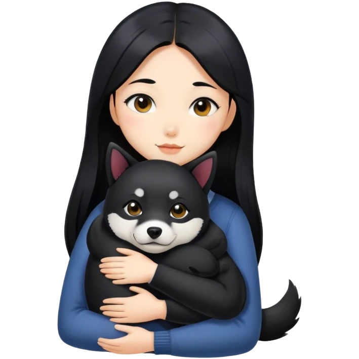 A beautiful girl with long black hair hugs a Black Shiba Lnu emoji