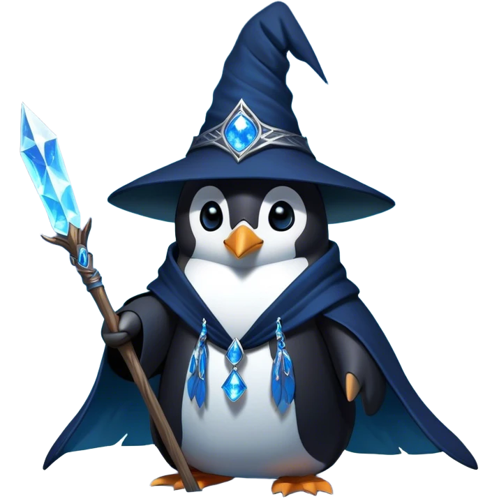 A mysterious penguin mage with sleek midnight-blue feathers, wearing a flowing black robe adorned with silver runes. A tall, pointed wizard hat sits slightly tilted on his head, the brim casting a shadow over his glowing icy-blue eyes. His flipper clutches an ancient wooden staff topped with a swirling crystal, radiating a soft, cold light. Snowflakes drift around him as he stands on a frozen cliff, his aura crackling with arcane energy, ready to summon a blizzard with a flick of his staff. emoji
