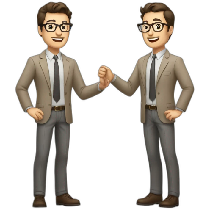 To belt Actively gesturing with hands Pale skinned fit man with dark brown hair in gray jacket, beige office shirt, brown tie, brown pants and vintage glasses. emoji