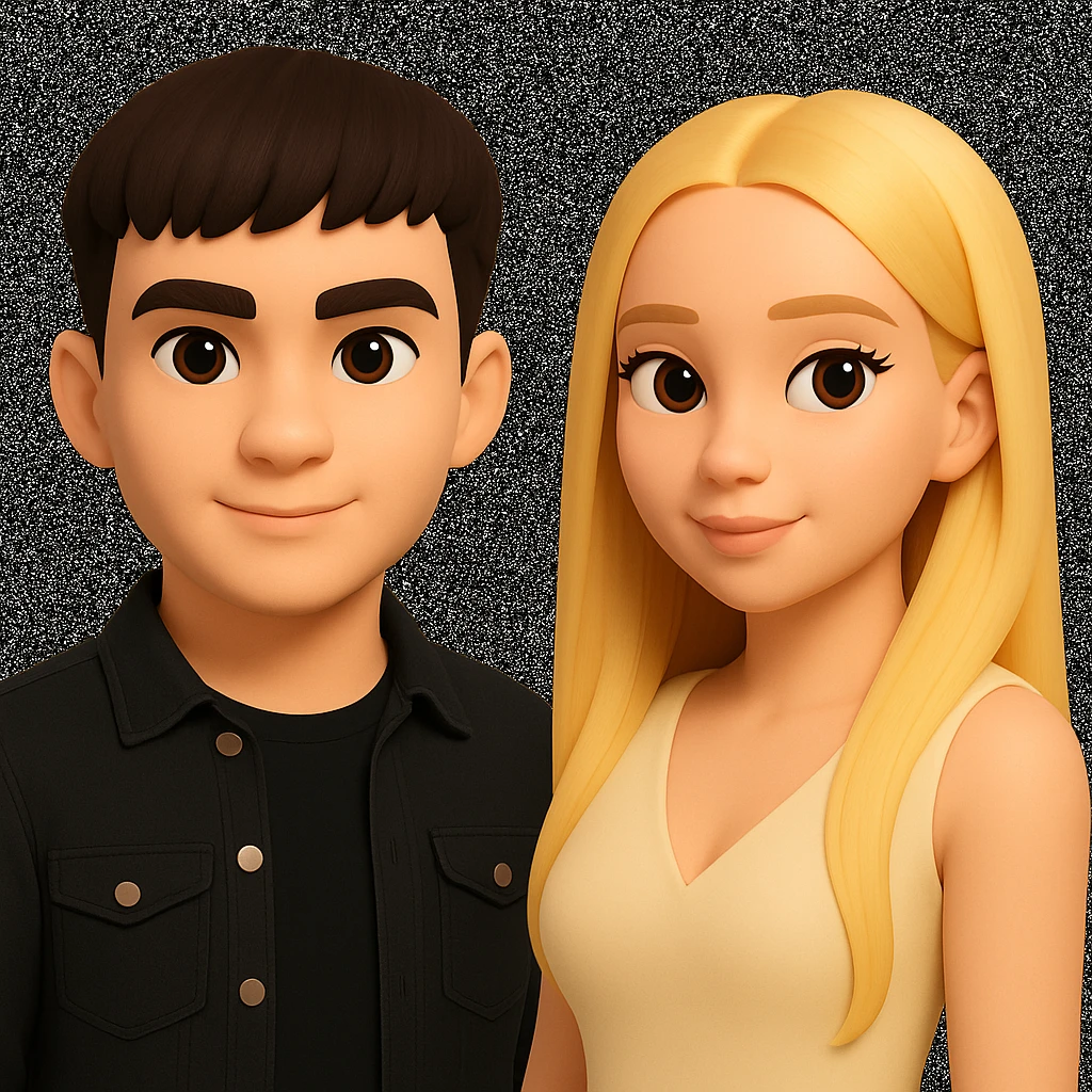 Slightly increase the volume of the upper body of the girl, separate the girl and the boy from each other, make the skin color the same for both characters, while preserving the cartoonish 3D style as shown in the reference image. emoji