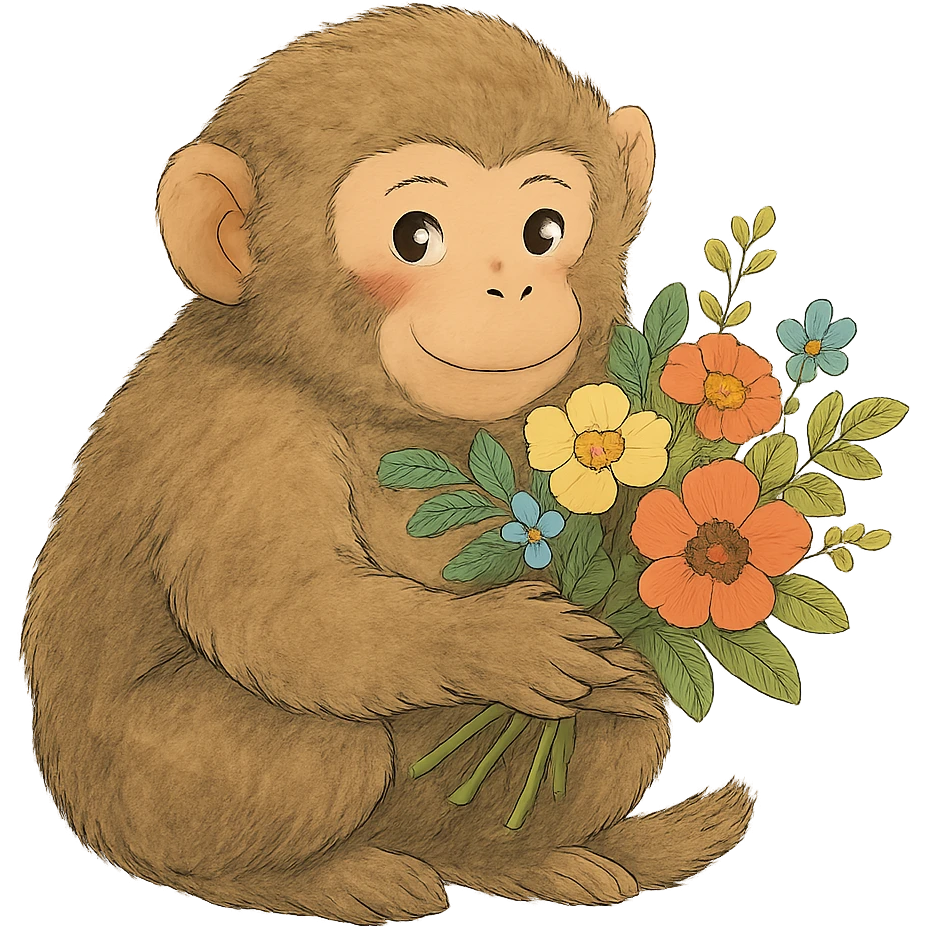 ghibli style monkey with flowers emoji