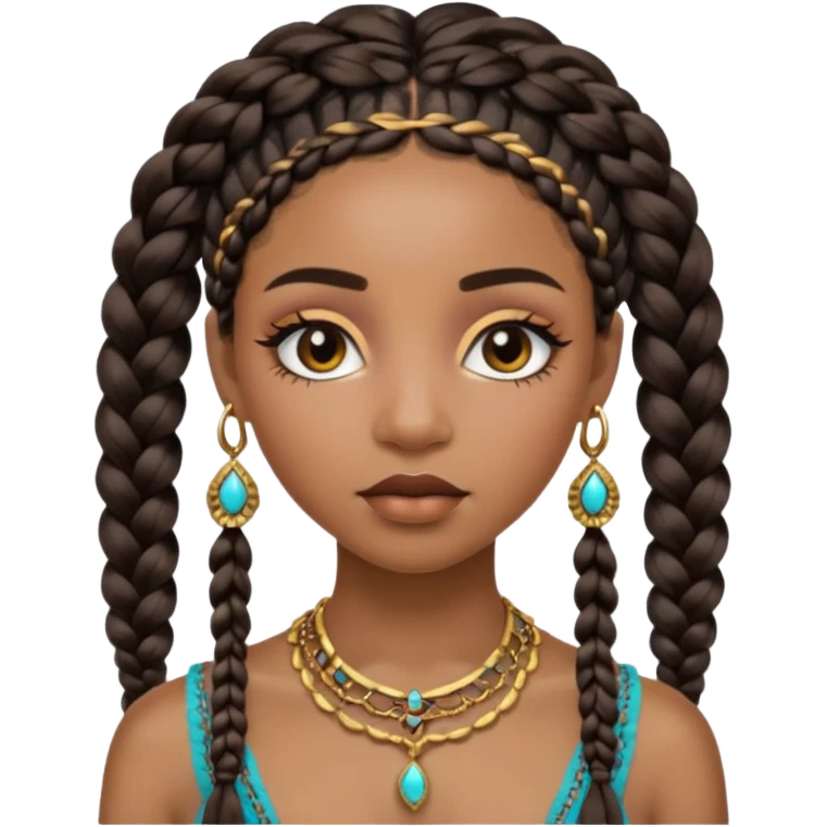A black girl with neutral skin, Bohemian, braids, and gold, jewelry and lashes and make up on her face emoji