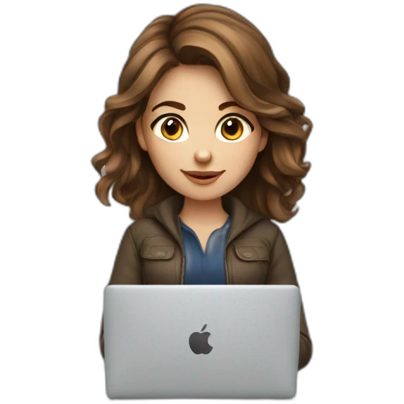 Beautiful programmer girl with brown hair working with MacBook emoji
