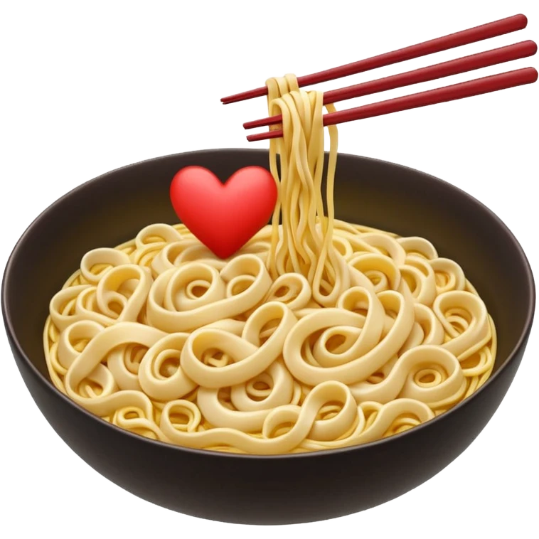 loose tangle of pale yellow cooked noodles with soft glossy texture and natural curves, strands slightly twisted and overlapping, freshly prepared dish, no bowl chopsticks or sauce, soft lighting, subtle shadows, emoji scale, make the noodles heartshaped and add tiny red hearts on the noodles emoji