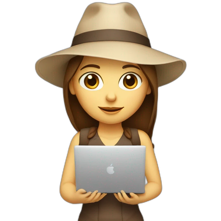 white skin, Girl with a hat, brown hair straight to the shoulders, holding a laptop emoji