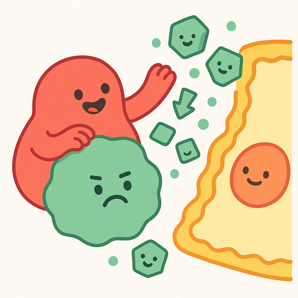 Ultra-detailed emoji-style illustration of enzyme digestion: Red amylase breaking green starch into sugars near a yellow cell membrane. Clean white background, no text. Scientific but simple, cartoon-exact shapes emoji