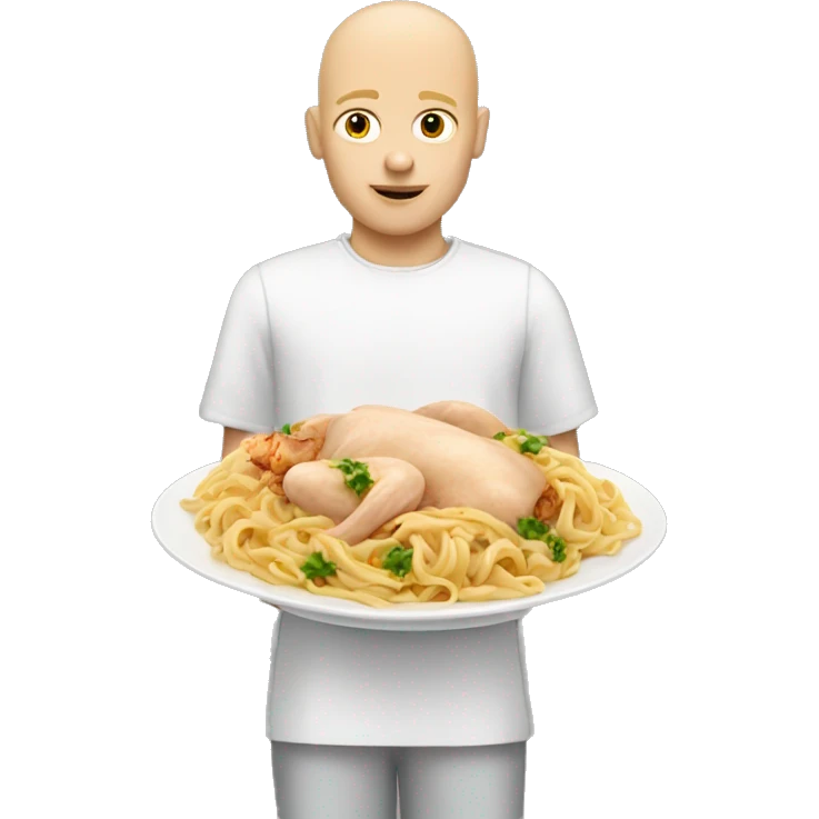 Half bald blonde boy with a dish of pasta and chicken emoji