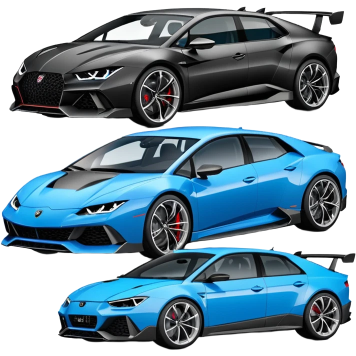 three cars lineup fromt profile forming a semi circle with a lamboghini svj an bmw m140i and a audi rs6 emoji