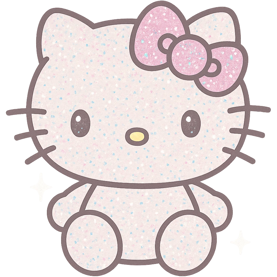 Hello Kitty with glitter all over her fur and bow, sparkling effect, adorable and cheerful expression emoji