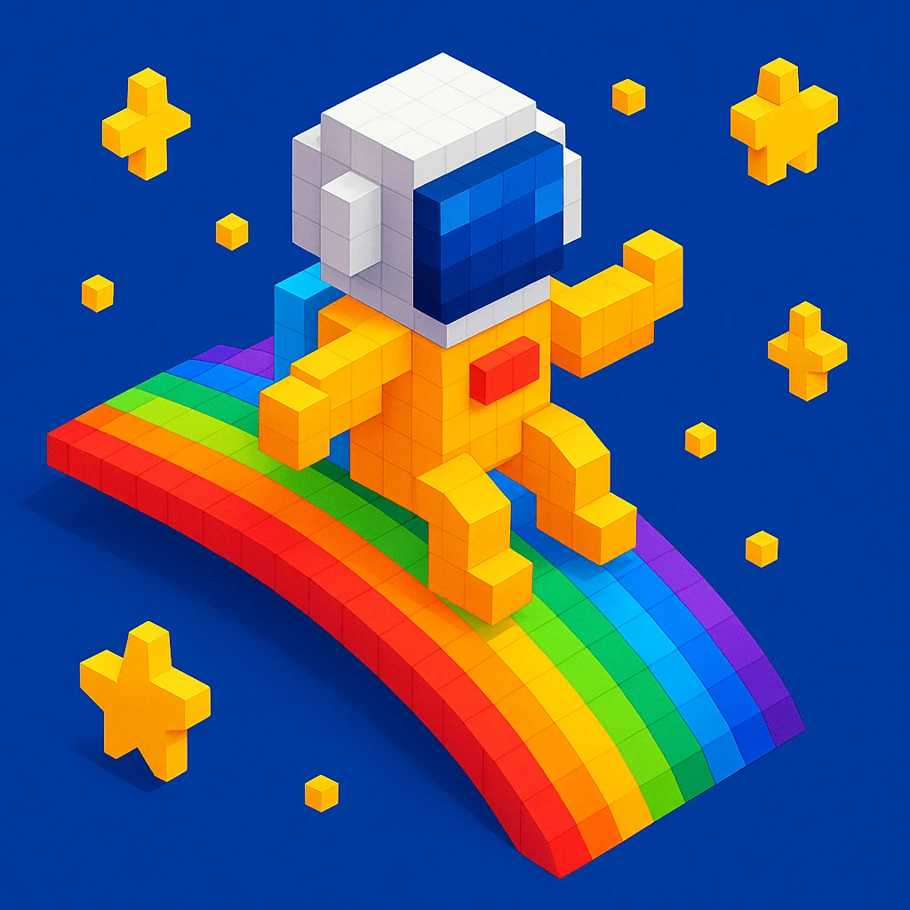 astronaut riding rainbow in starry night, colored background emoji