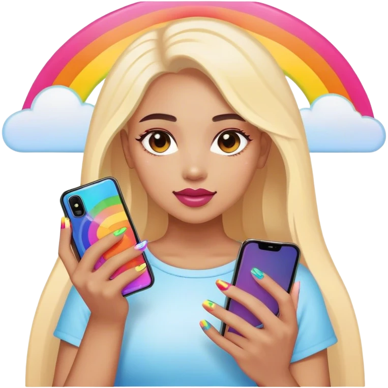 A person holding a phone with a sunset, phone, cover and with rainbow nails emoji