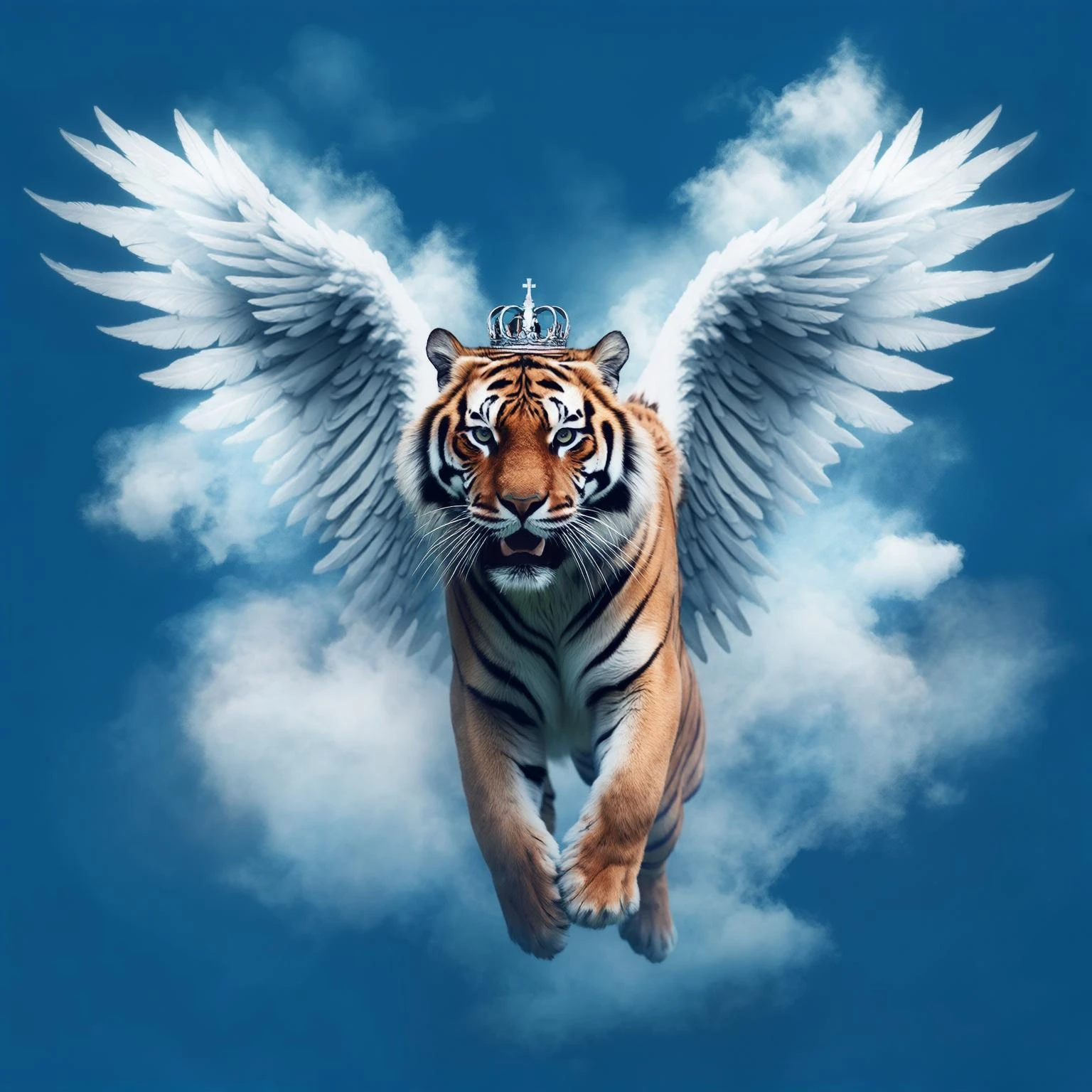 Tiger with wings and corwn flying around clouds, blue solid color, with cinematic blur emoji