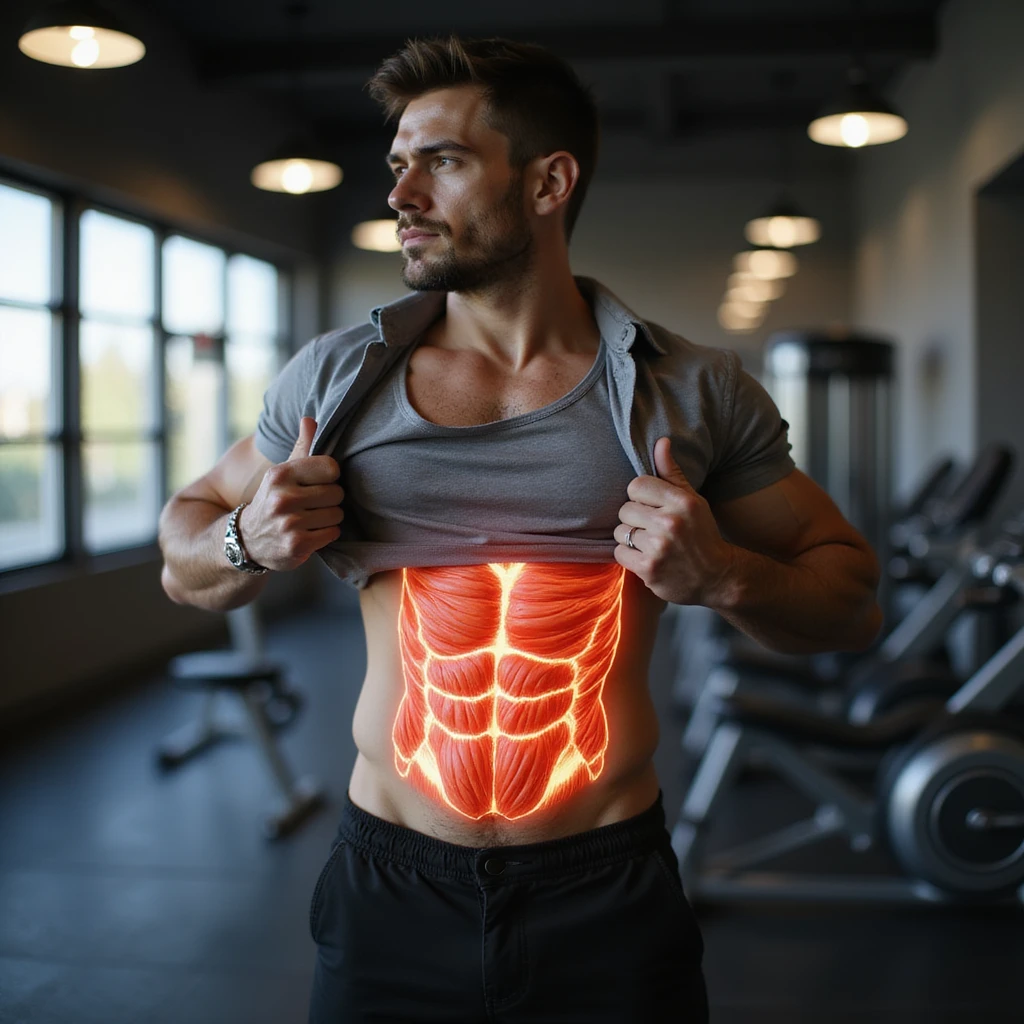 Italian man in gym, lifting his shirt to show belly; anatomical overlay showing fat reduction and muscle activation, realistic style, vertical 9:16 aspect ratio emoji