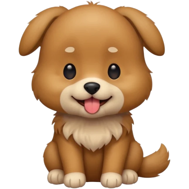 Cute small brown fluffy dog emoji icon. Round face, short muzzle, light brown fur with slightly darker ears, small black nose, happy smiling expression with tongue out. Soft friendly eyes, sitting pose with front paws together. Simple clean vector style, minimal details, kawaii style. emoji