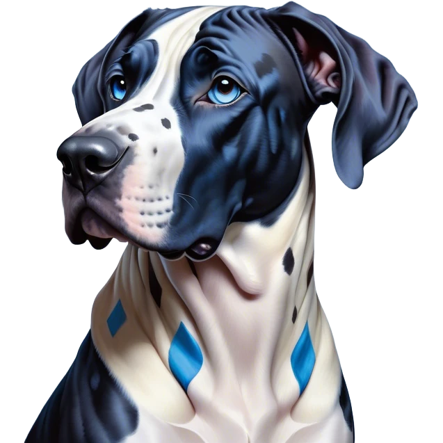 Cinematic Noble Harlequin Great Dane Portrait Emoji, Poised and regal, with a towering, muscular build and a striking coat of predominantly white with bold black patches, deep-set soulful blue eyes, Simplified yet sharp and sophisticated features, highly detailed, glowing with a soft, dignified glow, high shine, intelligent and loyal, stylized with an air of majesty, focused and attentive, soft glowing outline, capturing the essence of a watchful and confident guardian, so majestic it feels as though it could stride out of the screen with effortless authority! emoji
