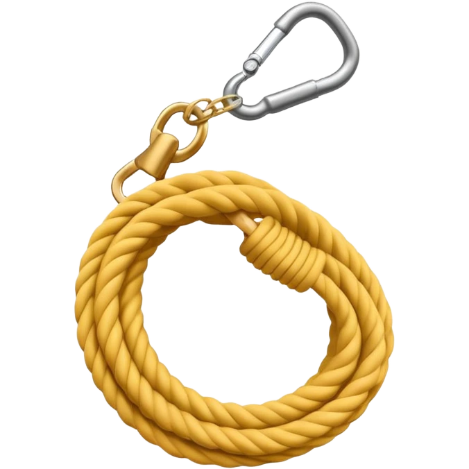 A 3D cartoon coiled climbing rope with a carabiner, golden color, resting on a rocky surface, realistic soft shadows, Memoji-style rendering. emoji