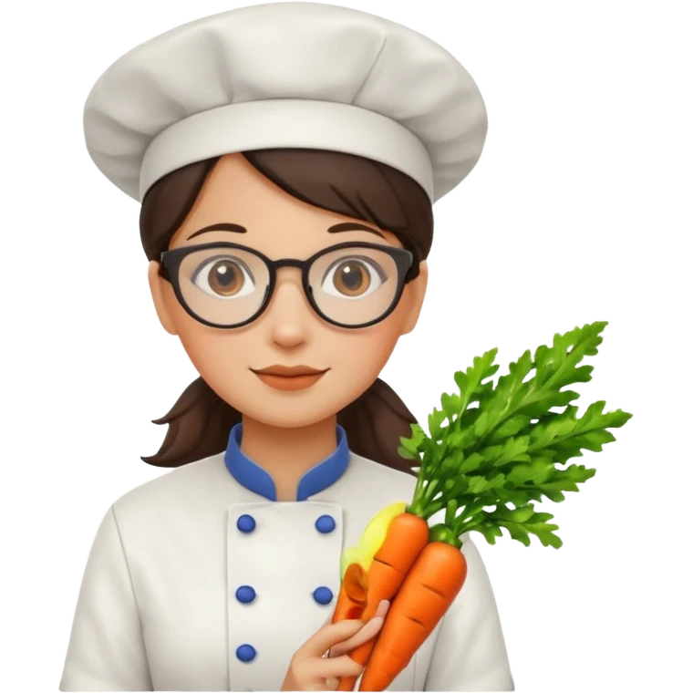 female italian chef, uniform, wearing glasses, holding carrot emoji