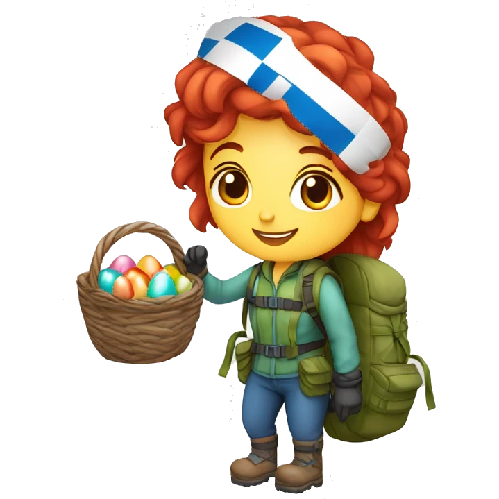 Female winter mountain climber red loose hair climbing with Greek flag on backpack and holding Easter eggs basket emoji