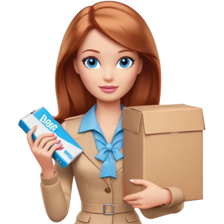 Barbie, blue eyes, shoulder-length reddish-brown hair, holds a package box, Barbie is wearing beige and brown colored clothes emoji