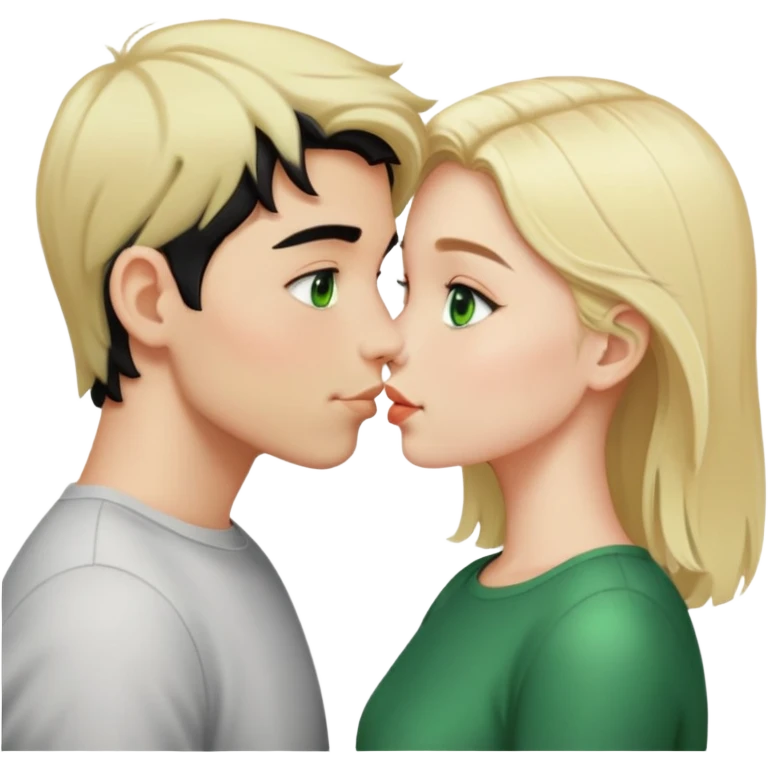 Kissing couple of boy with short black hair and green eyes and blonde girl with long hair emoji