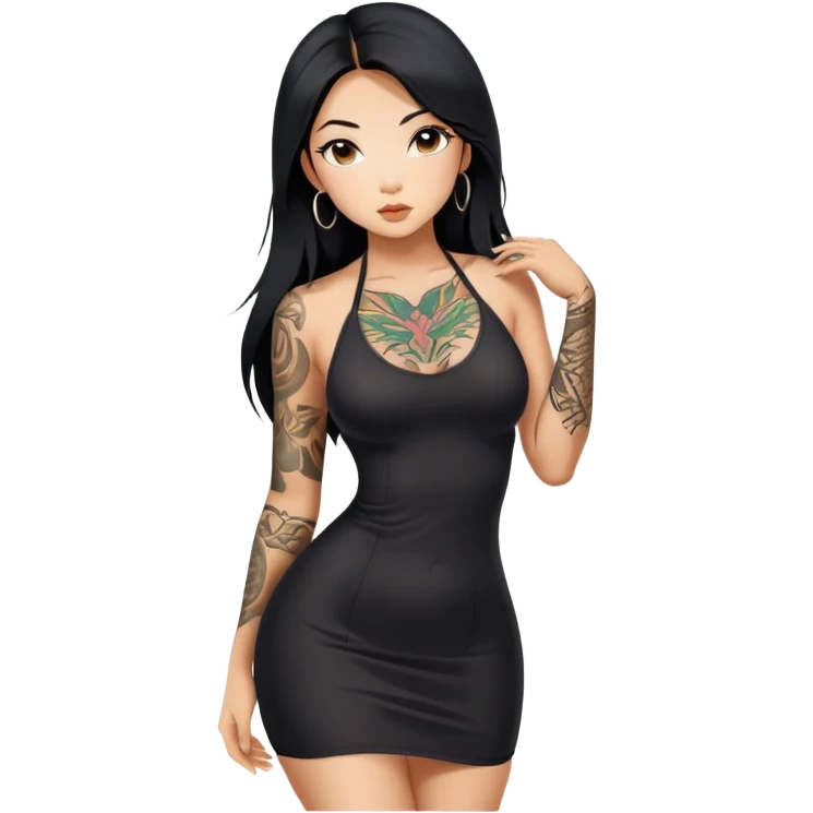 Beautiful and fit Asian girl with long black hair and body tattoos sexy pose in sexy mini black dress sfw emoji