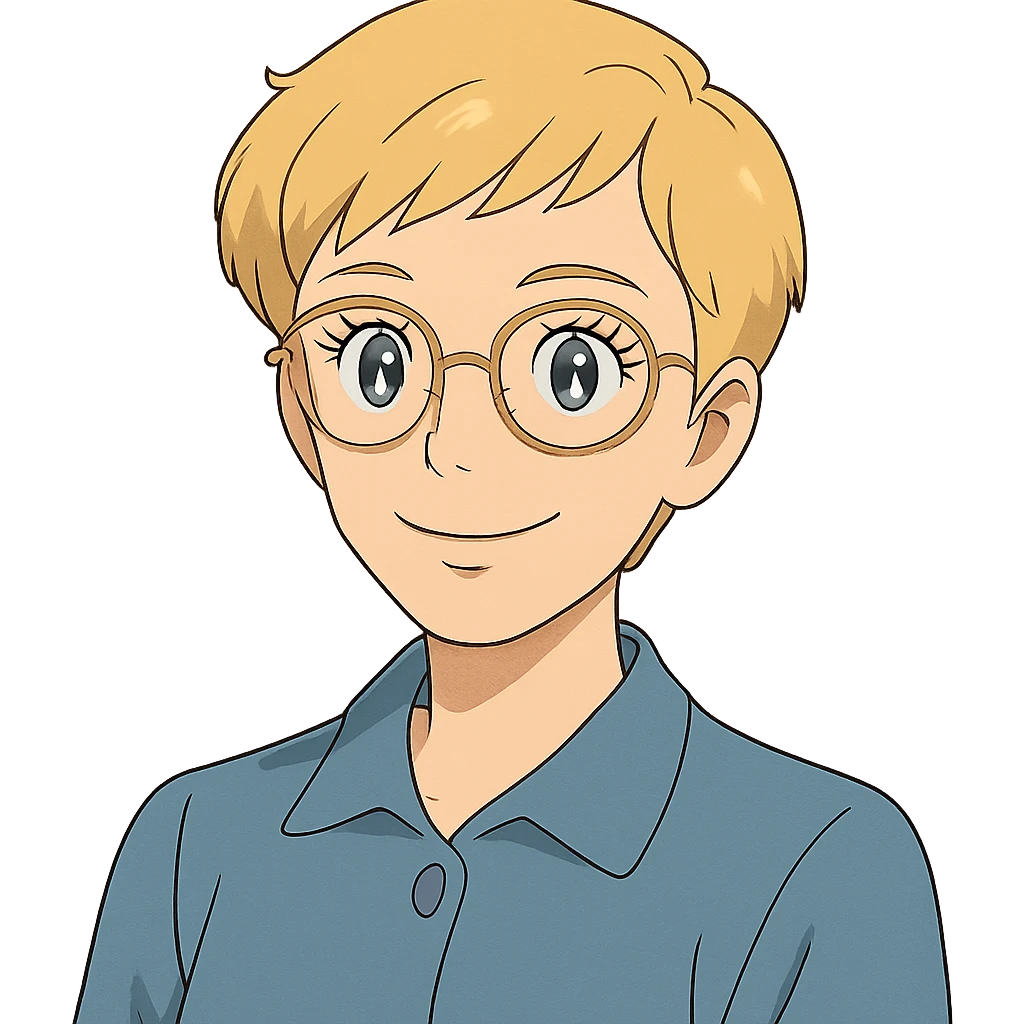 ghibli style blonde teacher with pixie haircut, gold glasses, blue eyes, big eyelashes, nice smile emoji