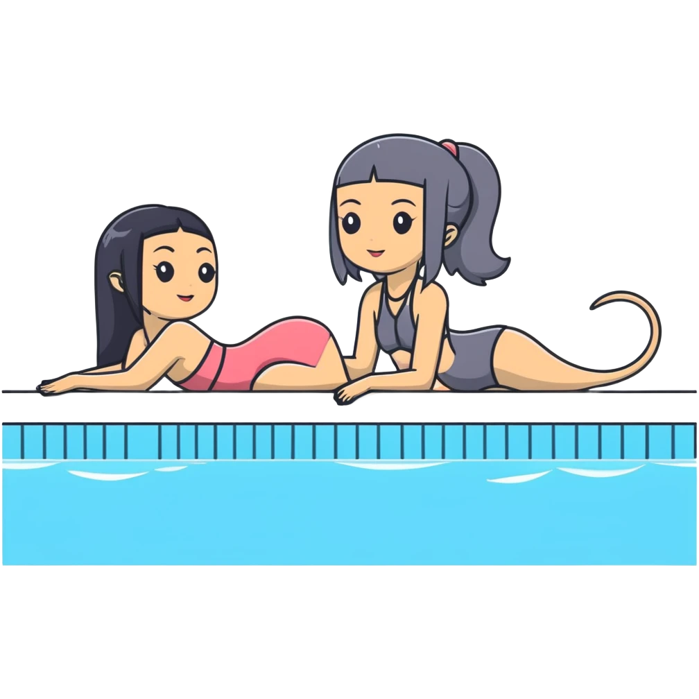 Very thin and slim Chinese woman with long black hair in pool attire at an indoor swimming pool with her Italian greyhound that is COMPLETELY solid dark grey with ABSOLUTELY ZERO white markings anywhere - 100% uniform dark grey color only emoji