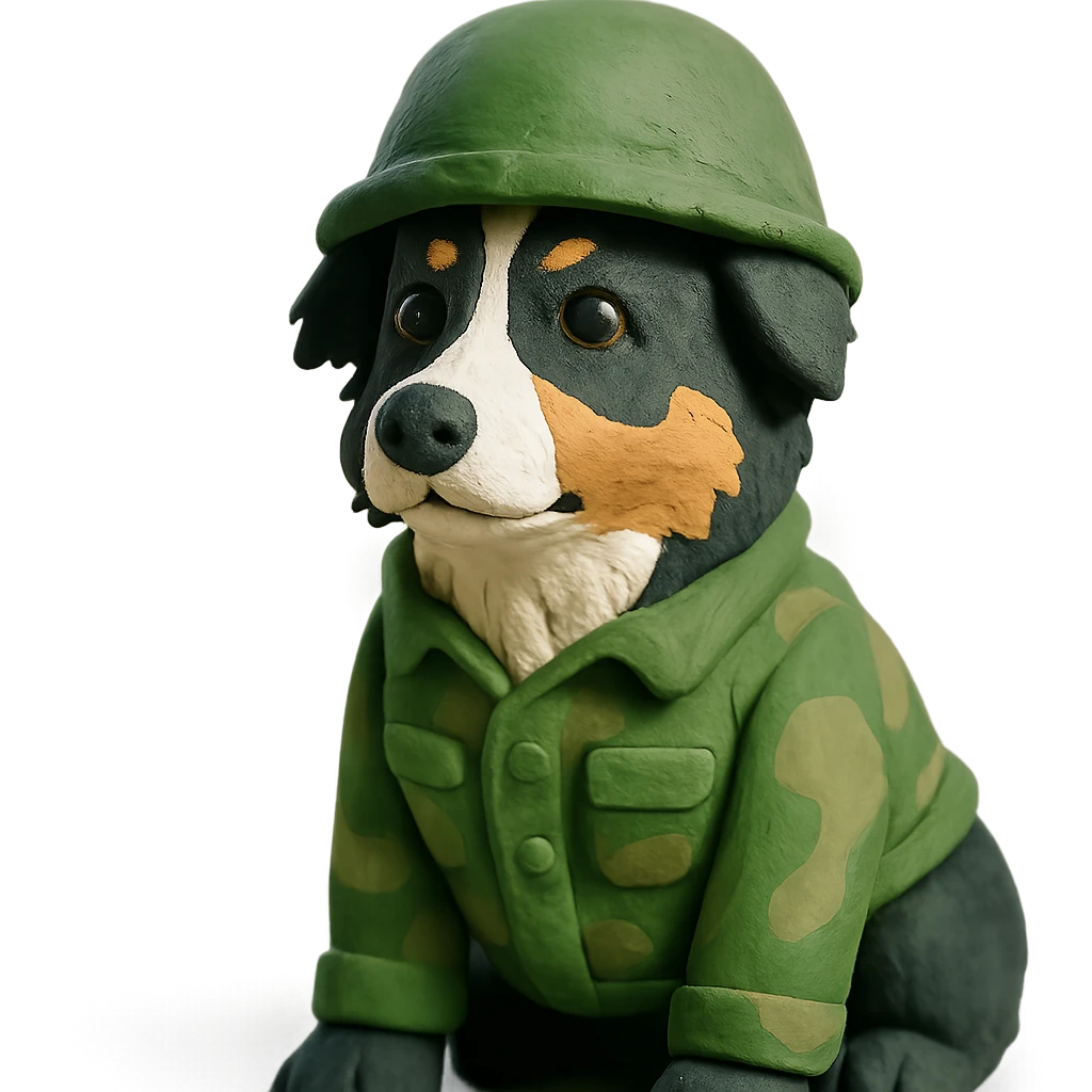 black-tri Mini American Shepherd in a camo green soldier uniform and green helmet emoji