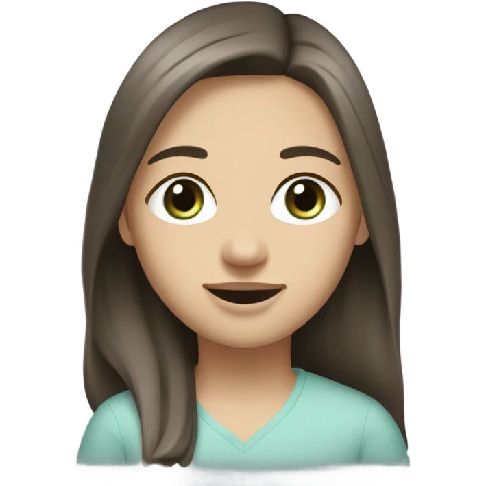 mid length straight to wavy dark cold brown hair greyish blue/green medium to little eyes straight thin nose medium lips pale skin, straight white teeth  emoji