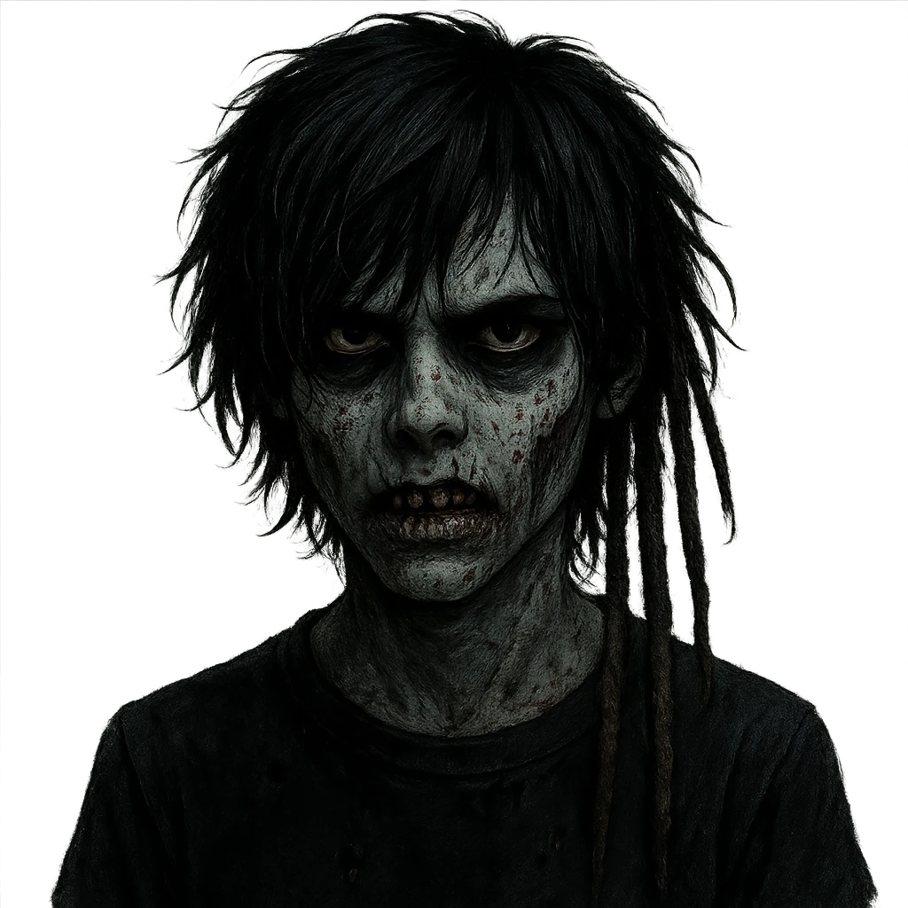 zombie boy with black shaggy medium hair and dreads, emo style, dark, spooky, creepy expression emoji