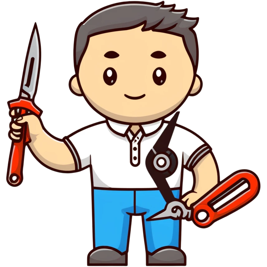 A Ukrainian man in a white embroidered shirt holds a spanner in one hand and scissors in the other emoji